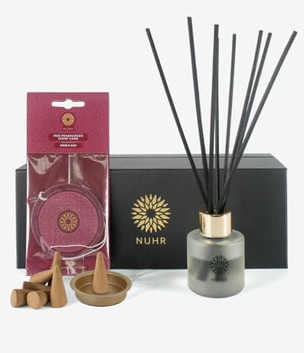 Image of NUHR Home Scenting Gift Set - Rose & Oud with Luxury Reed Diffuser with 10 x Incense Cones & Scent Card, Long Lasting Scented Home Fragrance