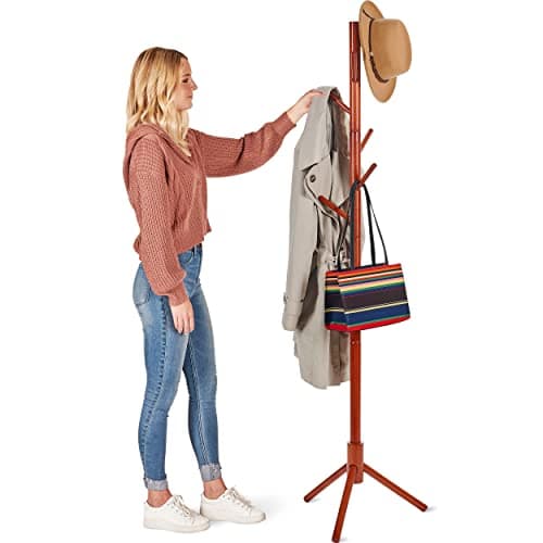 Image of High-Grade Wooden Tree Coat Rack Stand, 6 Hooks - Super Easy Assembly NO Tools Required - 3 Adjustable Sizes Free Standing Coat Stand, Hallway Coat Hanger Hat Stand, for Handbag, Clothes & Accessories