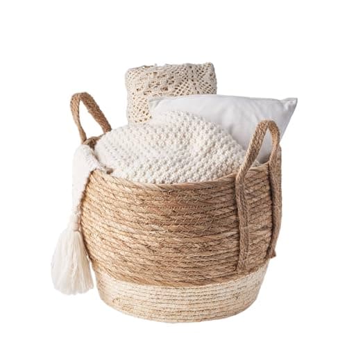 Image of Eden & Willow Natural Straw Woven Plant Storage Basket, Home Organisation Hamper Basket with Handles (Cream, Large)