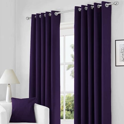 Image of RayyanLinen Readymade Blackout Thermal Eyelet Ring Top Pair of Curtains Including 2 free Tiebacks (AUBERGINE PURPLE, Width 66" x Drop 90")