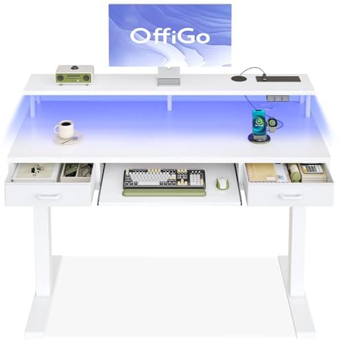 Image of OffiGo Height Adjustable Desk, 120cm Electric Standing Desk with Drawers, Sit stand up Table with Keyboard Tray, Office Table with Sockets and LED Light, Monitor Stand, White