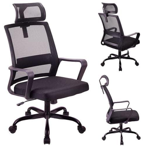 Image of T-THREE. Adjustable headrest office chair, ergonomic mesh swivel seat, desk chair with lumbar support, height adjustment, 360° rotation, and tilt function, mesh backrest for Home Office(Black)