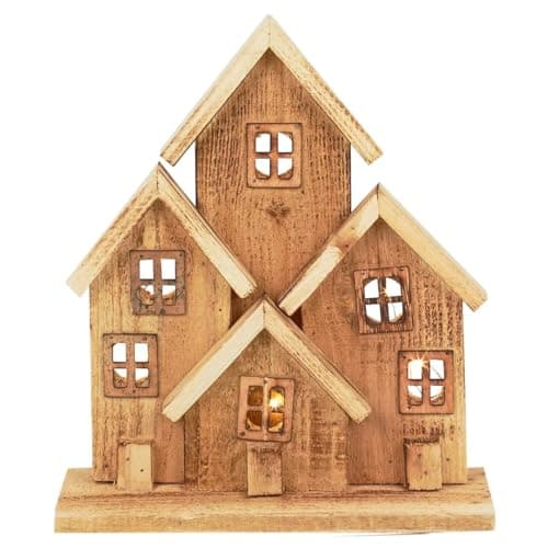 Image of URBNLIVING LED Wooden Light Up Christmas House – Battery Operated Xmas Ornament with Timer, Festive Winter Village Tabletop Décor
