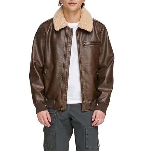 Image of Levi's Men's Faux Leather Aviator Bomber Jacket with Sherpa Collar, Brown, L