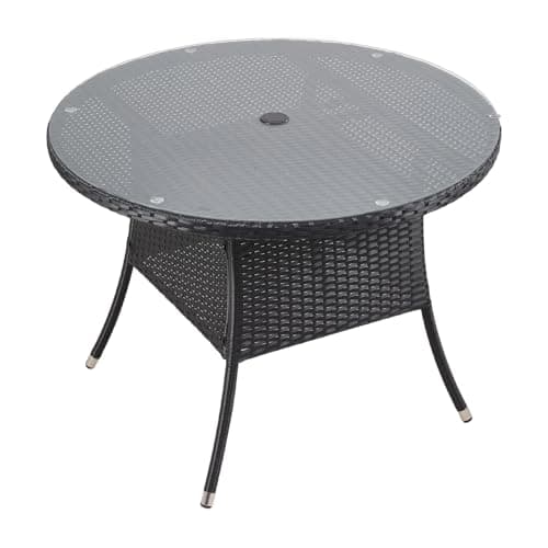 Image of Warmiehomy Rattan Garden Table 100cm Round Outdoor Dining Table with Tempered Glass Tabletop Wicker Patio Tables with Parasol Hole Black Outdoor Side Tables
