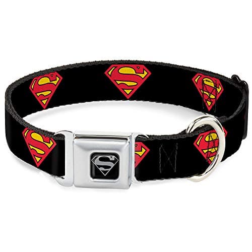 Image of DC Comics Pet Collar, Dog Collar Metal Seatbelt Buckle, Superman Shield Black, 11 to 16.5 Inches 1.0 Inch Wide