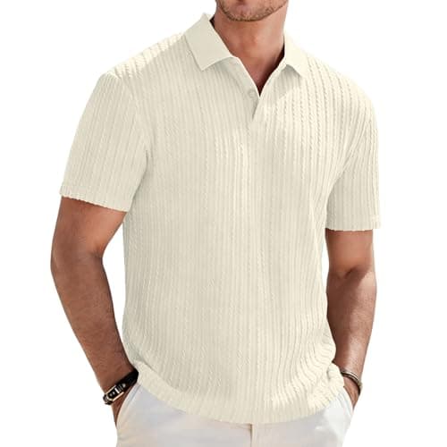 Image of Focixfor Men's Polo Shirts Short Sleeve Button Regular Fit Casual Golf Striped Shirt Beige 2XL