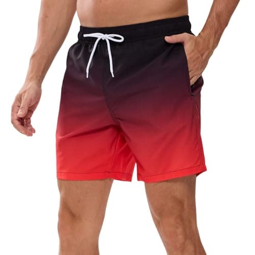 Image of Vorvowry Mens Swimming Shorts Fashion Gradient Trunks for UK Men Quick Dry Beach Board Surf Shorts with Pockets Mesh Lining Black Red M