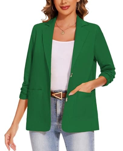 Image of MINTLIMIT Cotton Linen Blazer Jackets for Women 3/4 Ruched Sleeve Blazers Summer 2 Button with Pocket Outerwear Notched Lapel (Emerald Green, M)