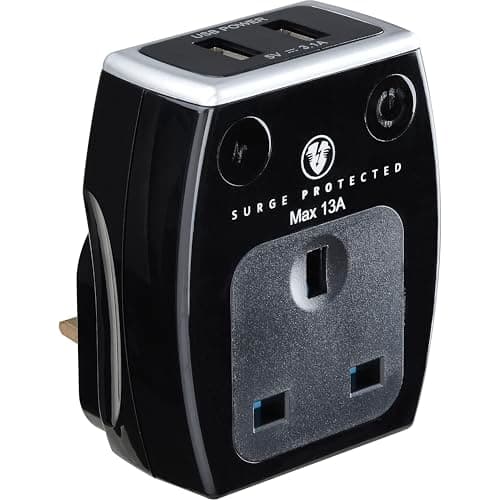 Image of Masterplug Single Socket Surge Protected Power Adaptor with Two USB Charging Points, Polished Black