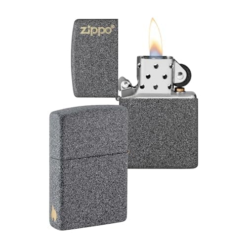 Image of Zippo Windproof Lighter - Logo & Flame Design - Iron Stone - Refillable - Reusable - Windproof - Gift Box - Metal - Made in USA - Amazon Exclusive
