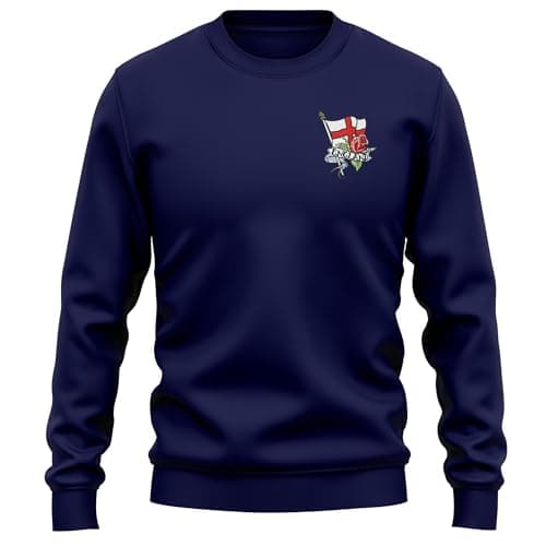 Image of Purple Print House Embroidered Patriotic England Sweatshirt - St Georges Cross Design - English Red Rose Rugby Supporter Sweater - Pride Heritage Gift, XL, Navy