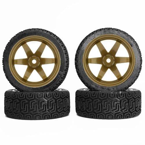 Image of KINGCOO 4PCS 68mm RC Rally Car Rubber Tires and Plastic Wheel Rims Tyres 12mm Hex for 1/10 RC On-Road Flat Run Racing Touring Car for Tamiya HSP HPI WR8 TT02 Kyosho (Gold)