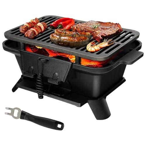 Image of SPOTRAVEL Cast Iron Charcoal Grill, Portable Tabletop BBQ Griller with Double-Sided Grill Grid, Air Control & Coal Door, Outdoor Charcoal Barbecue Grill for Camping Picnic Party (Black)