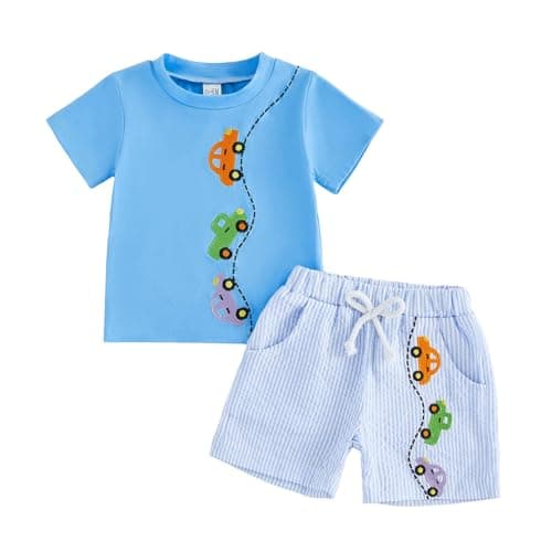 Image of XIXIMAON Baby Boy Two Piece Summer Outfits Car Embroidery Short Sleeve Crew Neck Tee Shirt Elastic Striped Shorts Set Infant Toddler Boy Casual Clothes Set (Blue, 18-24 Months)