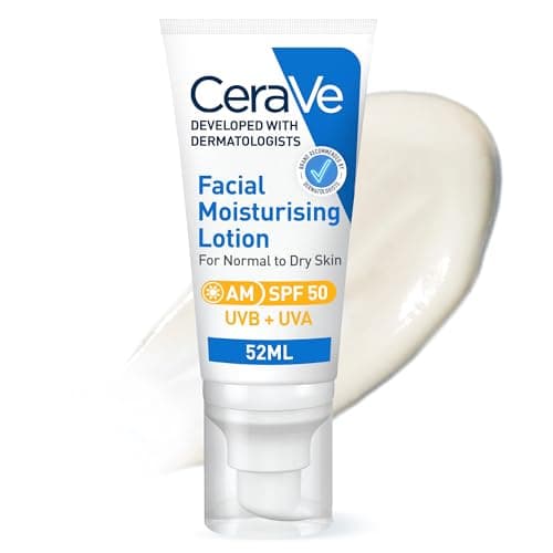 Image of CeraVe AM Facial Moisturising Lotion SPF50 With 3 Essential Ceramides, Vitamin E, Niacinamide, MVE Technology, UVA UVB Protection, For Normal to Dry Skin, Lightweight, Non-Greasy, Allergy Tested, 52ml
