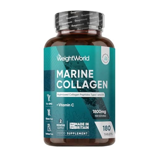 Image of Hydrolysed Marine Collagen Tablets 1800mg - 2 Months Supply - Type I & III Peptides - with Vitamin C - 180 Tablets - Gluten-Free & Lactose-Free Collagen Supplements for Women & Men - Made in the UK