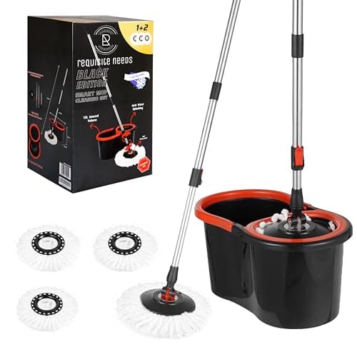 Image of Requisite Needs Smart Spin Mop and Bucket Set – Black edition – Anti-splashing Strong And Sturdy Material – Easy Floor Moping System – 1x Bucket + 3 Replacement Mop Heads – 13 Liter (Mop + Bucket)