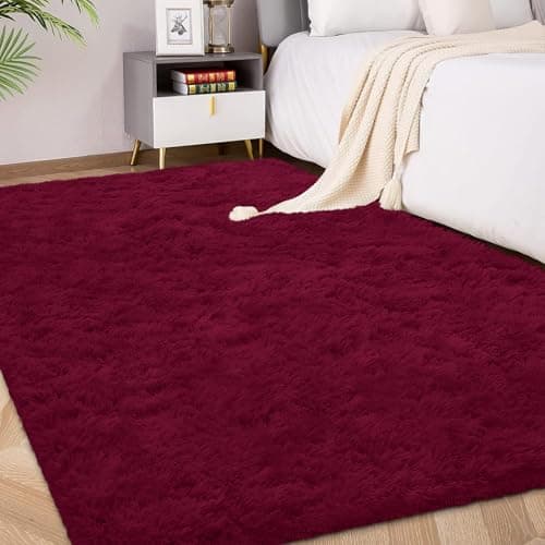 Image of FVVRAX 140x200cm Burgundy Red Shaggy Rug – Soft Fluffy Area Rug for Living Room & Bedroom, Non-Slip Plush Carpet for Kids, Nursery, Dorm, Machine Washable Large Floor Mat