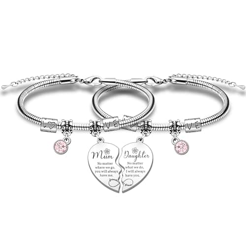 Image of HULALA 2 Pcs Mum Daughter Matching Bracelets Gifts For Mother Mummy Mothers Day Birthday Christmas No Matter Where We Are Matching Heart Jewellery