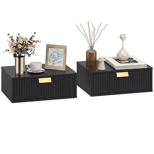 Image of HOMCOM Modern Floating Nightstands Set of 2, Wall Mounted Bedside Tables with Fluted Drawer for Bedroom and Living Room, 40W x 30D x 15H cm, Black