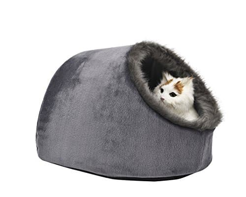 Image of VERTAST Cat Small Dog Cosy Igloo Bed Nest Warm Soft Calming Nest Fluffy Kitten Puppy Cuddly House Hideout Cave with Cushion, Grey