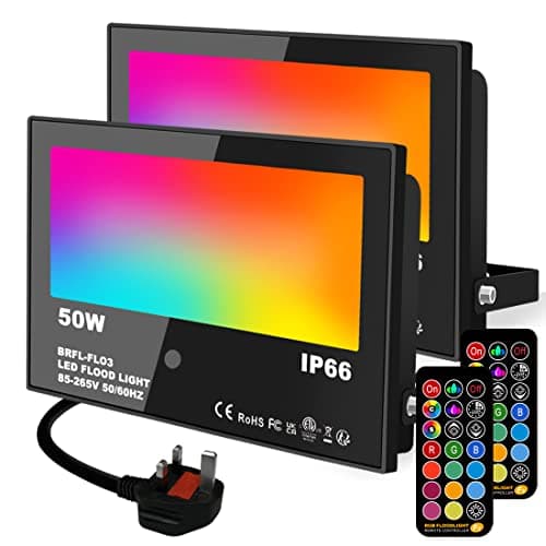 Image of Lighting masters LED Floodlight Outdoor 50W, RGB Colour Changing Flood Lights with Remote Control,Timed, DIY Mode, Garden Lighting,IP66,UK 3-Plug (2 Pack)