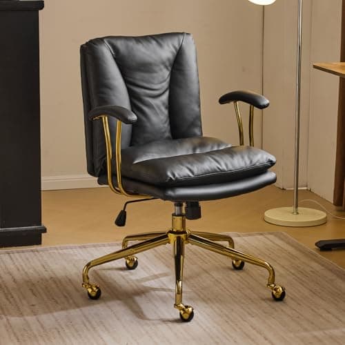 Image of Bonnlo Home Office Desk Chair Comfy with Wheels & Removable Armrests,Gold Base Vanity Chair with Back, Adjustable Rolling Swivel Computer Task Chair for Study,Makeup,Office,Bedroom,PU Leather,Black