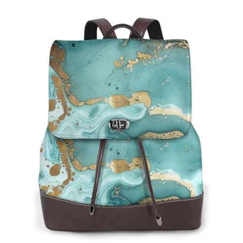 Image of LRHCNZDCP teal and gold marble Printed Women's Backpack - PU Leather Travel Rucksack Laptop Bag for School, Work & Weekend Adventures