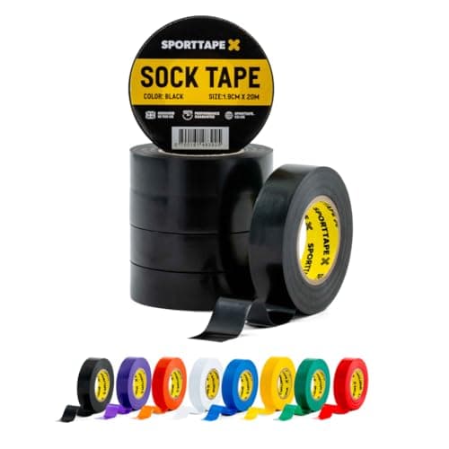 Image of SPORTTAPE 6 Rolls Sock Tape - Black - 1.9cm x 20m | PVC Insulating Tape for Football, Soccer & Rugby - Holds up Football Socks, Shin Pads & Shin Guards | Secures Lifting Blocks, Boots & Ears