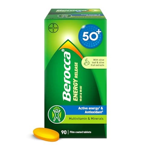 Image of Berocca 50+ Multivitamin & Mineral Tablets with Olive Leaf Extract - 13 Vitamins & 9 Minerals - 90 Film-Coated Tablets