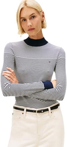 Image of Tommy Hilfiger Women’s Fine Jersey Long Sleeve Top with Mock Neck, Multicolor (Bretton Stripe Dark Night Navy), XXXL