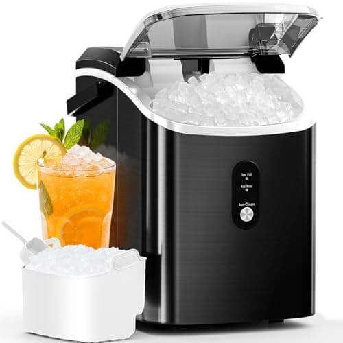Image of Nugget Ice Maker Machine with Self-Cleaning, 16KG/24H, Portable Countertop Ice Cube Maker with Handle, Basket & Scoop – Ideal for Home, Kitchen, Office, Camping, Stainless Steel, Black