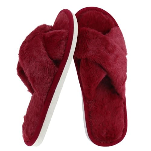 Image of TIECHI Womens Slippers, Ladies Crossover Open Toe Fluffy Slippers, Anti-Skid Warm Furry Cozy Indoor Outdoor Shoes, Red, 38-39EU/5-6UK