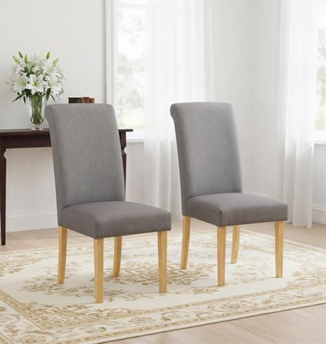 Image of Hallowood Furniture Premium Roll Top Linen Fabric Grey Dining Chairs Set of 2 with Solid Wooden Legs, Modern Plain Back Neutral Upholstered Dining Room Chairs for Home, Restaurants or Cafés