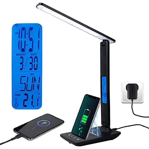 Image of LED Desk Lamp with 10W Wireless Charger, USB Charging, Touch Control Table Lamp Light with 3 Color Mode, 5 Brightness, Time, Temperature, Clock Function for Home Office School Work Study (Black)