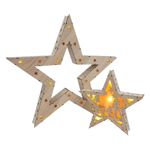 Image of The Christmas Workshop 73579 2PCS Wooden Light Up Stars / 16 Warm White LED Lights/Battery Powered and Timer Function