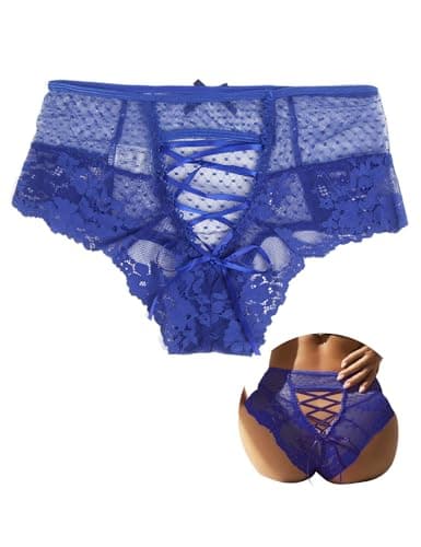 Image of ohmydear Women's Knickers Lace Thong Blue Sexy Panties Plus Size Criss Cross Underwear High Waist Knickers Cute G String Hollow Out Bikini Briefs, UK 10