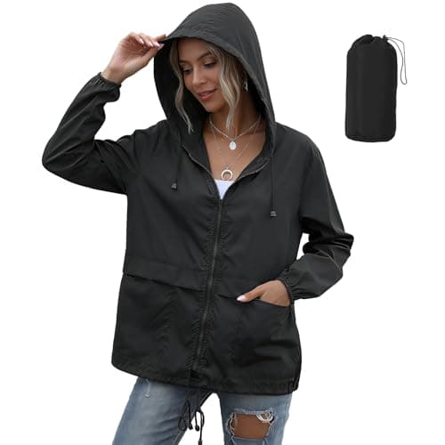 Image of JiaYouLC Womens Lightweight Waterproof Jackets Packable Raincoat With Hoodie Waterproof Running Rain Jacket for Outdoor Walking Hiking (UK, Alpha, M, Regular, Regular, Black)