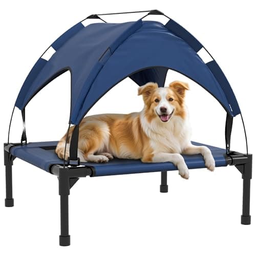 Image of PawHut Cooling Raised Dog Bed, Elevated Pet Bed with Breathable Mesh, UV Protection Canopy, Foot Pads, for Indoor Outdoor, Small, Medium Dogs, 76 x 61 x 69.5cm - Dark Blue