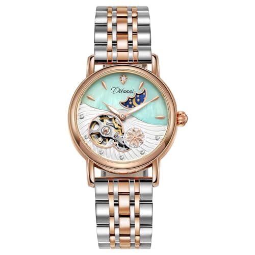 Image of CARLIEN Women's Automatic Mechanical Watch, Stainless Steel, Moon Phase, Leather Strap, Self-Winding, Pearls, Skeleton Dial, Waterproof