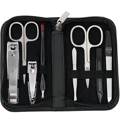 Image of 3 Swords Germany - brand quality 8 piece manicure pedicure grooming kit set for professional finger & toe nail care scissors clipper fashion leather case in gift box, Made by 3 Swords (6615)