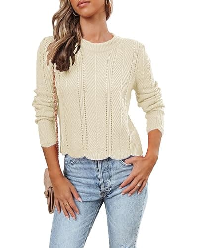 Image of Ancapelion Womens Long Sleeve Jumpers Causal Crew Neck Hollow Out Cable Knit Ribbed Pullover Sweater Tops Cream XL