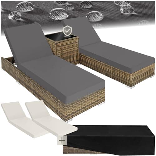 Image of tectake® 3PC Rattan Sun Lounger with Aluminium Frame, Garden Furniture Set with 2 Loungers, Including Side Table, Cushions and 2 Cover Sets, 5-level Reclining Garden Chair - Nature