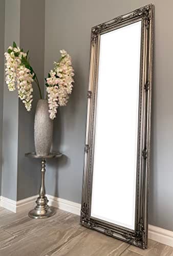 Image of DOWNTON INTERIORS UK Tall Antique Silver Full Length Dressing Wall Mirror with Bevelled Glass - Overall Size: 142 cm x 47 cm