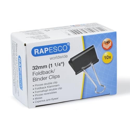Image of Rapesco FBC320B1 32 mm Foldback Clips, Black, Pack of 10