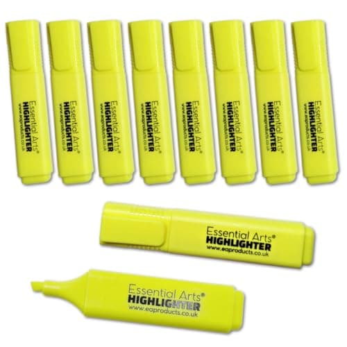 Image of Essential Arts Square Yellow Highlighter Pen Pack of 10 | Chisel Tip Fluorescent Highlight Marker Pens for Office, School Art and Business