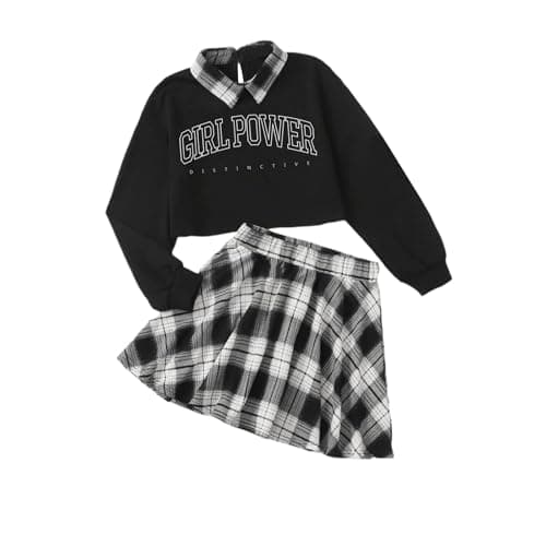 Image of Momkonzz Girls Clothes Kids Outfits Plaid Skirt Set Letter Printed Crop Pullover Polo Long Sleeve Top 2PCS Dress Black Sweatshirt 9-10 Years