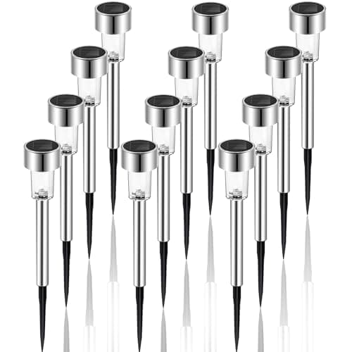 Image of Aigostar Solar Lights Outdoor Garden, Solar Powered Stake Lights 12 Pack, Pathway Light for Driveway Patio Walkway, IP65 Waterproof Stainless Steel Post Path Light