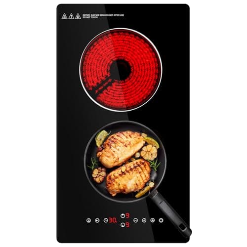 Image of Ceramic Hob,29cm Built-in 2 Zones Electric Hob,3000W,Built in Black Glass Cooker with Touch Control, Child Safety Lock, Timer